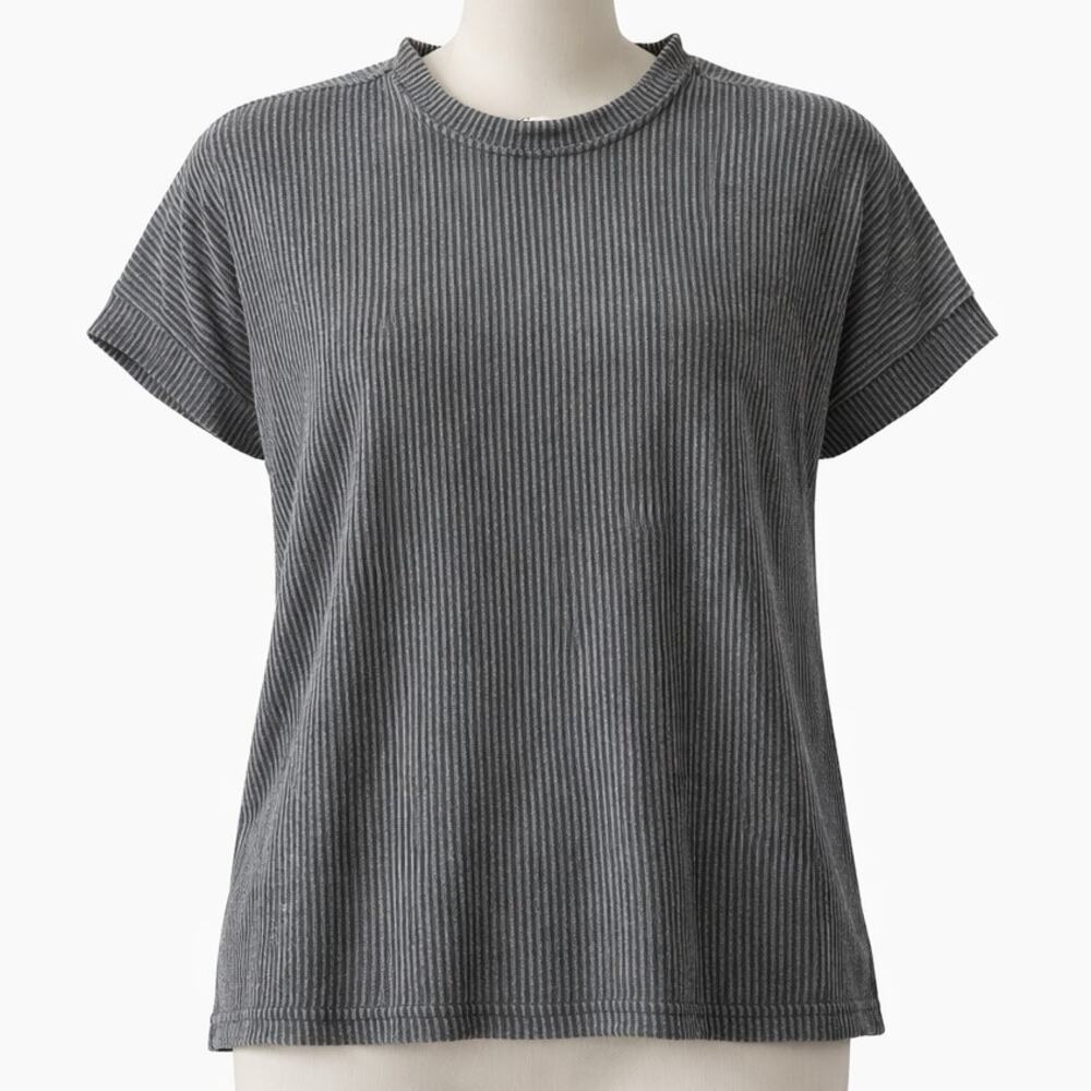 Lovely Melody Gray Stripe Ribbed Mock Neck Oversized Tee Size XL Short Sleeve